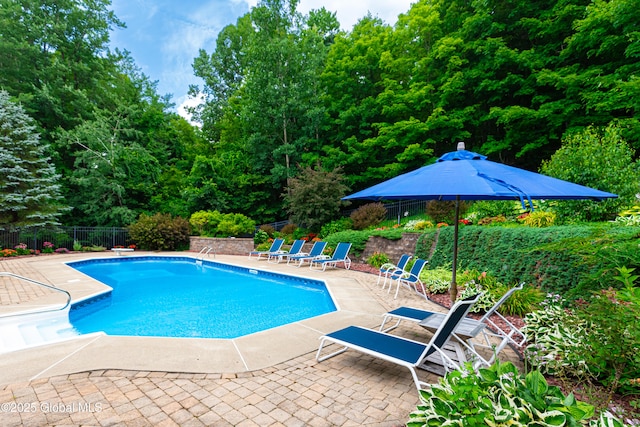 view of swimming pool with a patio area, fence, and a fenced in pool