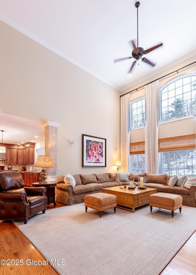 living room with light wood-style flooring, a towering ceiling, and crown molding