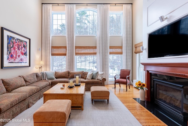 living room featuring a fireplace with flush hearth, a high ceiling, and wood finished floors