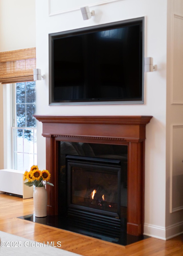 interior details featuring a fireplace with flush hearth, baseboards, and wood finished floors