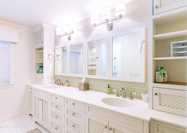 full bathroom with a sink, backsplash, and double vanity