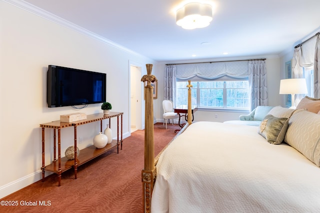 bedroom with carpet floors, baseboards, and ornamental molding