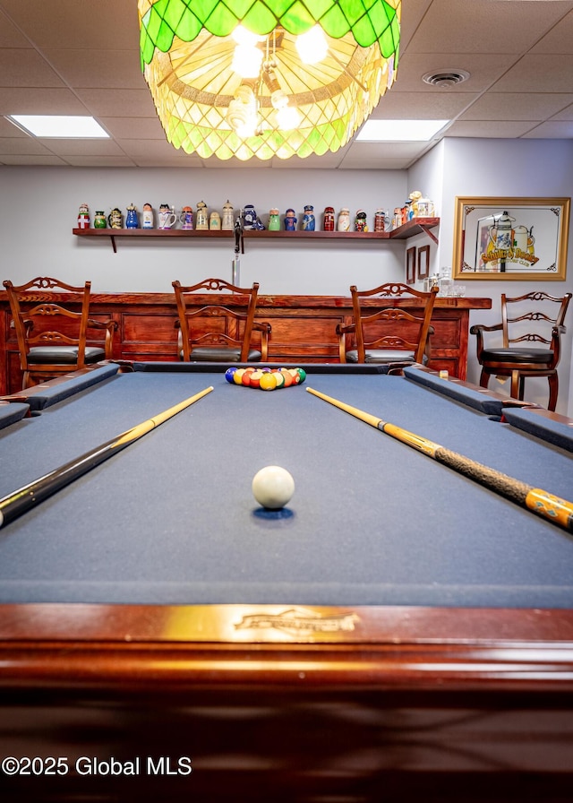 recreation room featuring visible vents, billiards, and a drop ceiling