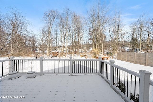 snow covered deck with fence