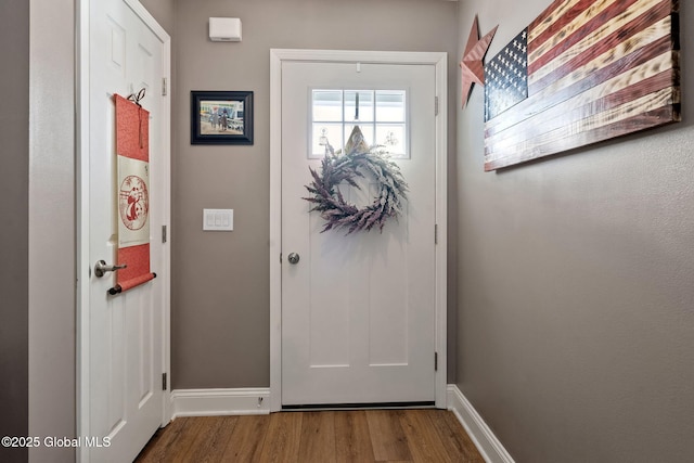 entryway with baseboards and wood finished floors