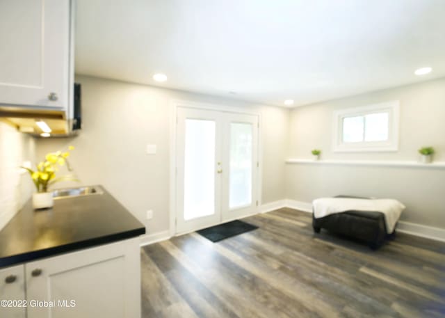 doorway to outside featuring recessed lighting, french doors, dark wood-style flooring, and baseboards