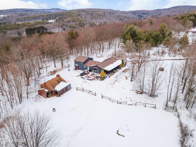 snowy aerial view featuring a mountain view