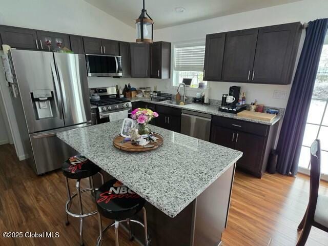 kitchen featuring stainless steel appliances, a sink, light stone counters, and wood finished floors