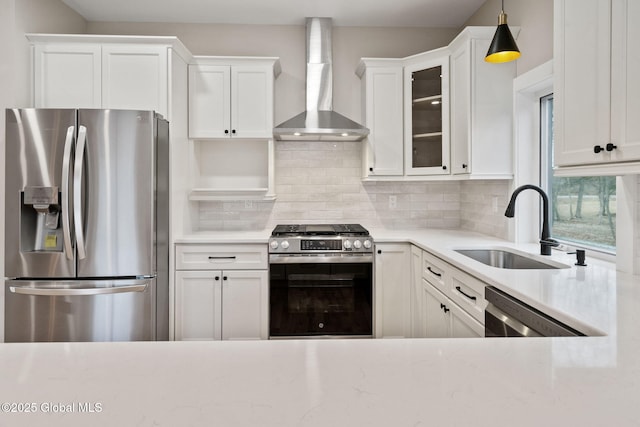 706 Swaggertown Rd, Charlton, NY 12302 - kitchen with stainless steel appliances, wall chimney exhaust hood, a sink, and backsplash