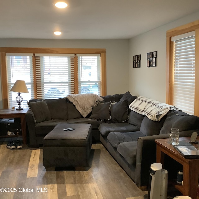 living room featuring wood finished floors and recessed lighting