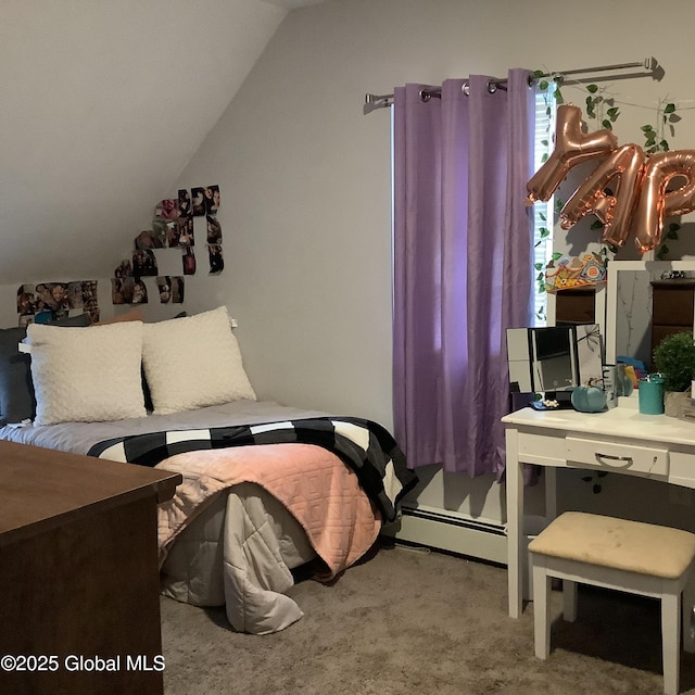 carpeted bedroom with lofted ceiling and a baseboard heating unit