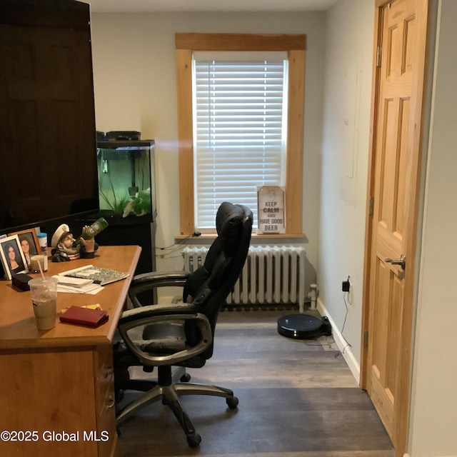 office space with baseboards, wood finished floors, and radiator