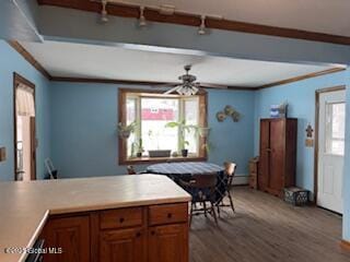 kitchen with a ceiling fan, light countertops, ornamental molding, dark wood-style floors, and brown cabinetry