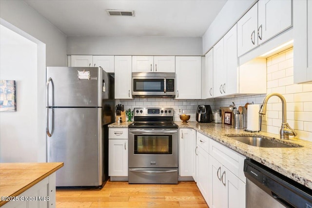 kitchen featuring a sink, visible vents, white cabinetry, appliances with stainless steel finishes, and tasteful backsplash