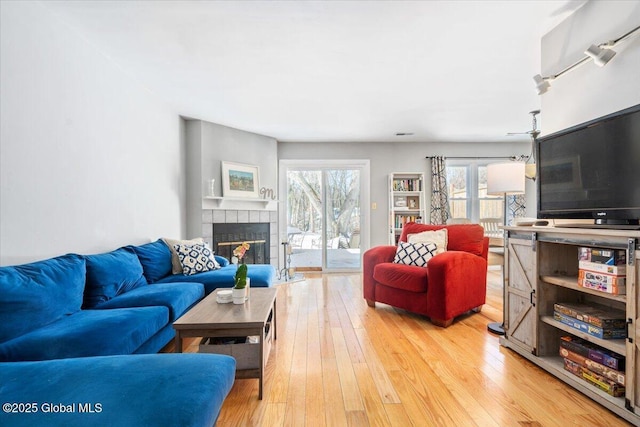 living room with a fireplace and wood finished floors