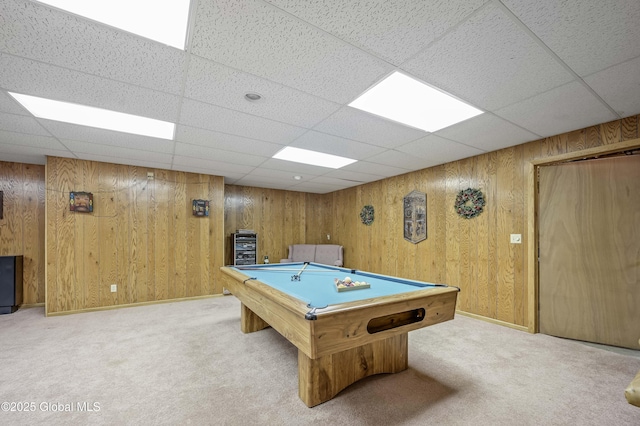 rec room featuring light carpet, billiards, and wooden walls