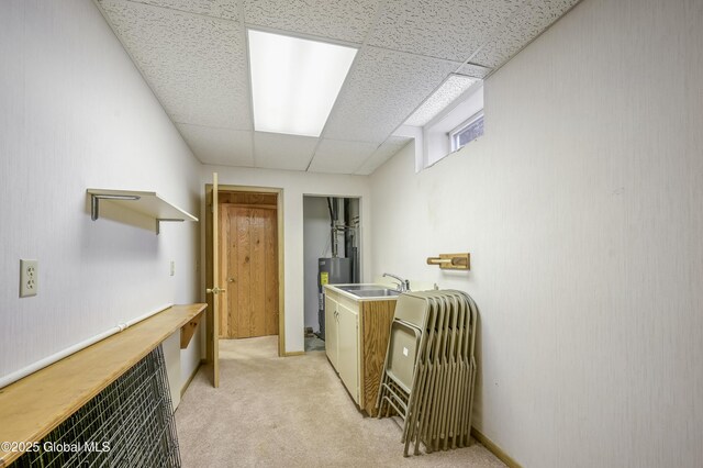 interior space with light carpet and a sink