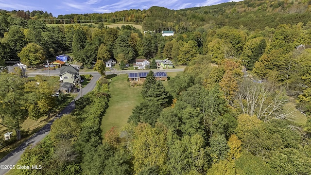 drone / aerial view with a wooded view