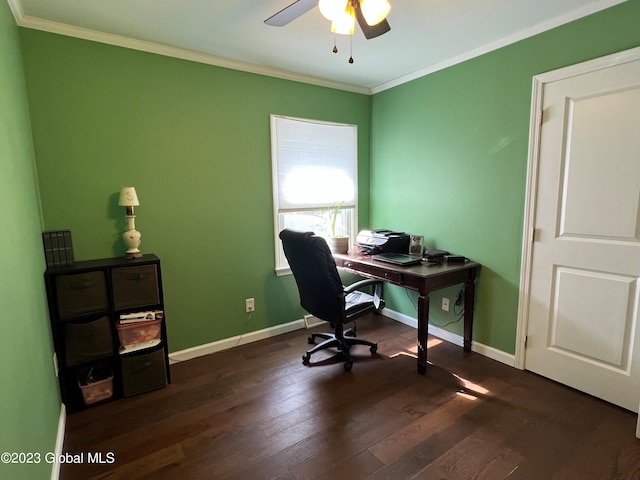 office area with dark wood-style floors, ceiling fan, baseboards, and crown molding