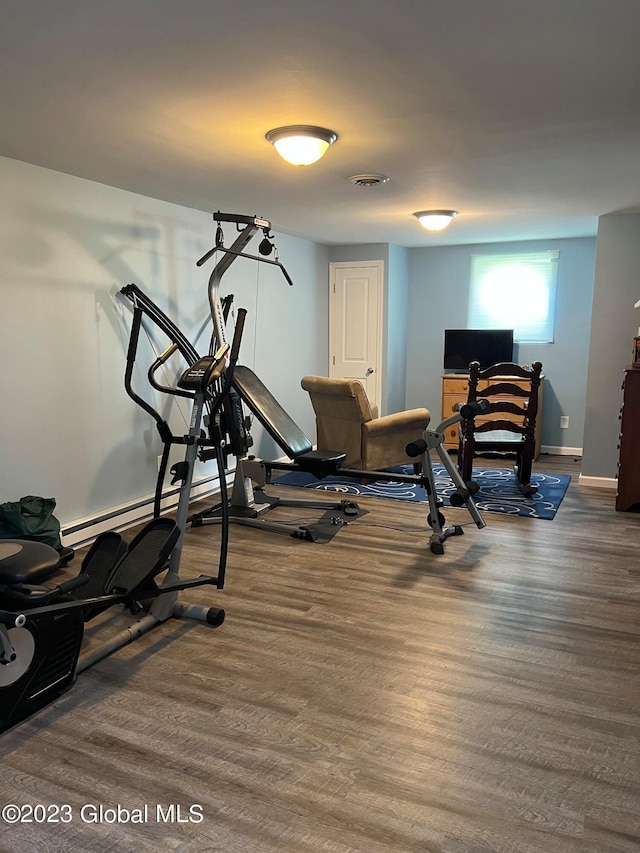 workout area with baseboards, baseboard heating, and wood finished floors