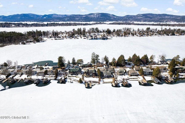 drone / aerial view featuring a water and mountain view