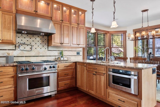 kitchen with tasteful backsplash, range hood, a peninsula, stainless steel appliances, and a sink