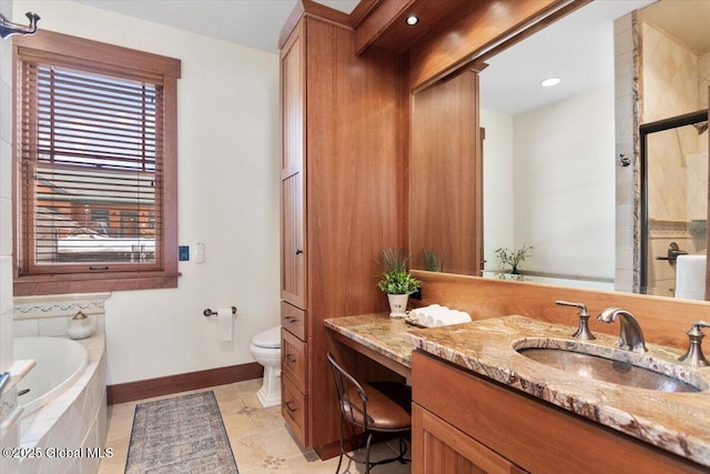 bathroom with baseboards, toilet, a garden tub, a tile shower, and vanity