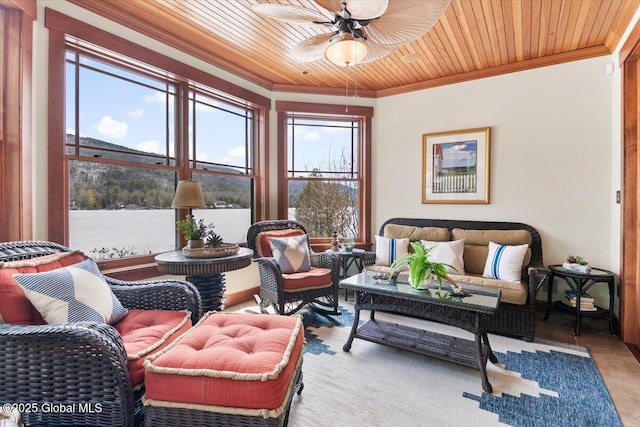 interior space featuring wood ceiling and a ceiling fan