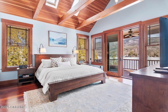 bedroom with access to exterior, baseboards, vaulted ceiling with skylight, wooden ceiling, and wood finished floors