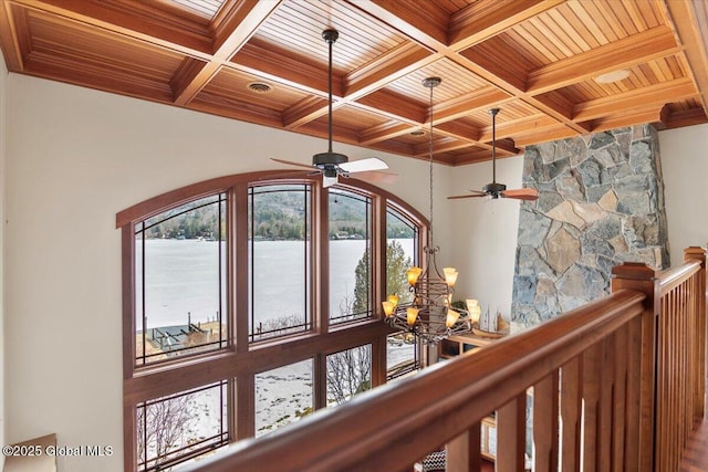 details featuring beamed ceiling, coffered ceiling, and wooden ceiling