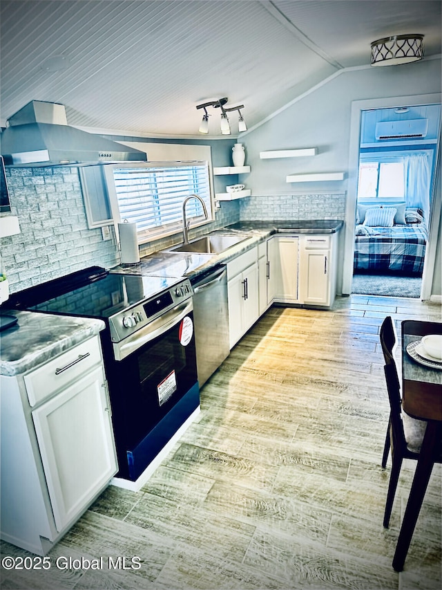 kitchen featuring stainless steel appliances, white cabinets, a sink, ventilation hood, and light wood-type flooring