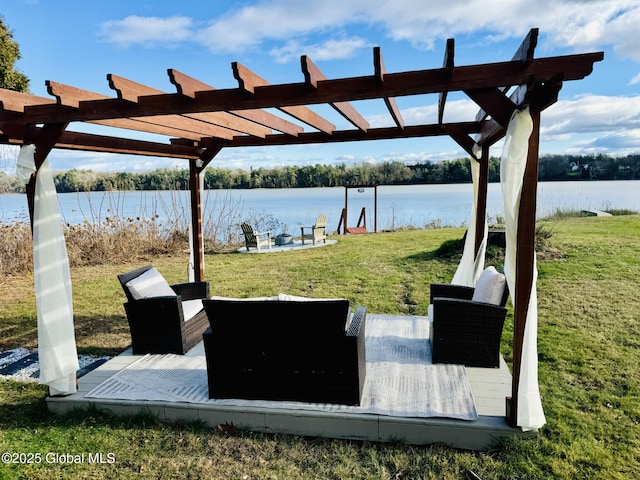 view of storm shelter with a lawn and a water view