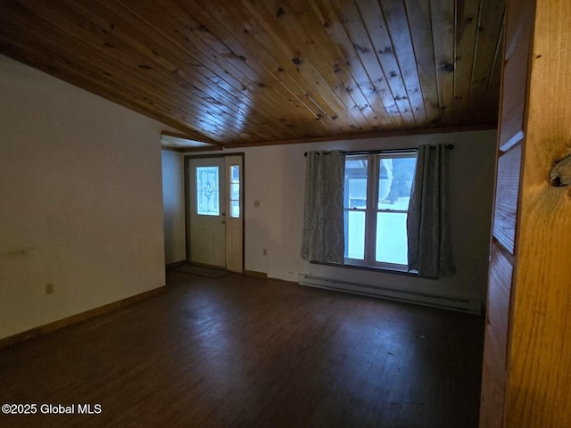 interior space with wooden ceiling, dark wood finished floors, and baseboards