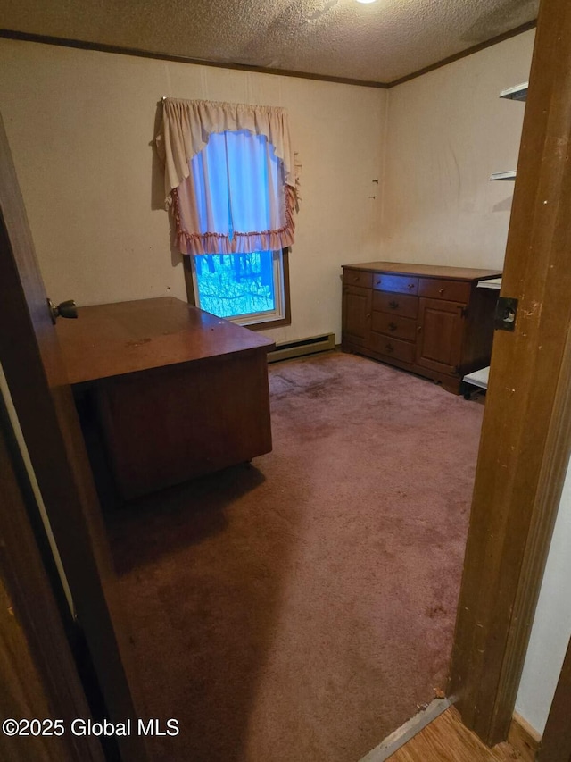 unfurnished bedroom featuring carpet floors, ornamental molding, a textured ceiling, and baseboard heating