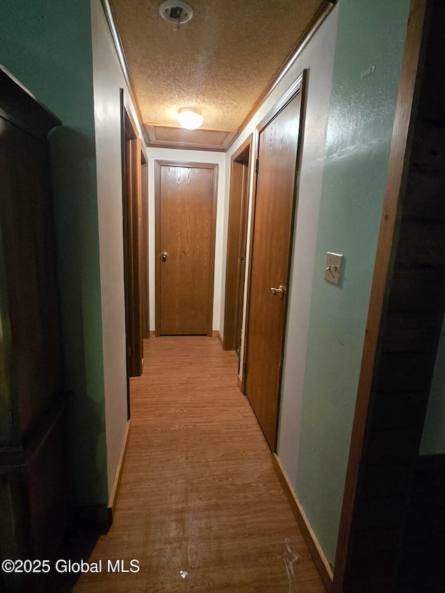 hall featuring light wood finished floors, baseboards, and a textured ceiling