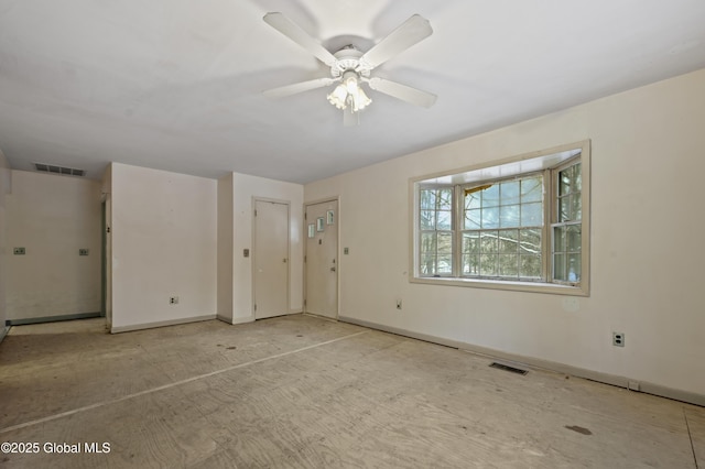 unfurnished bedroom featuring a ceiling fan, visible vents, and baseboards