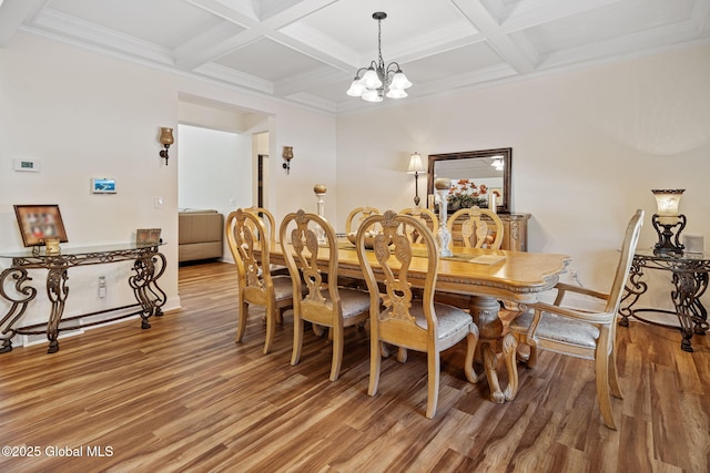 dining space with light wood finished floors, beamed ceiling, and coffered ceiling