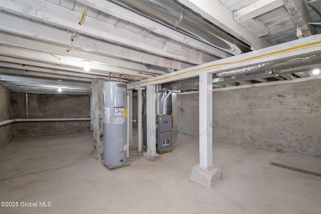 unfinished basement with electric water heater and heating unit