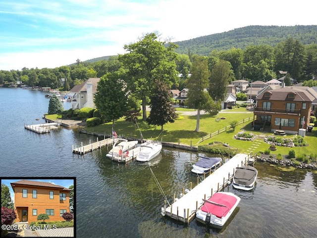 aerial view with a water view and a view of trees