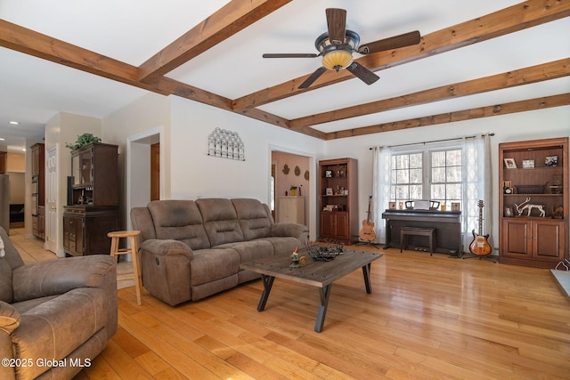 76 Barney Rd, Greenfield, NY 12850 - living room featuring beam ceiling, a ceiling fan, light wood finished floors, and recessed lighting