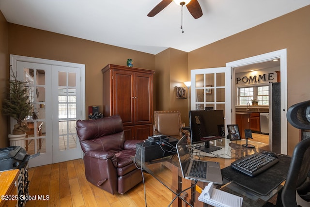 76 Barney Rd, Greenfield, NY 12850 - home office featuring a sink, ceiling fan, light wood-type flooring, and french doors