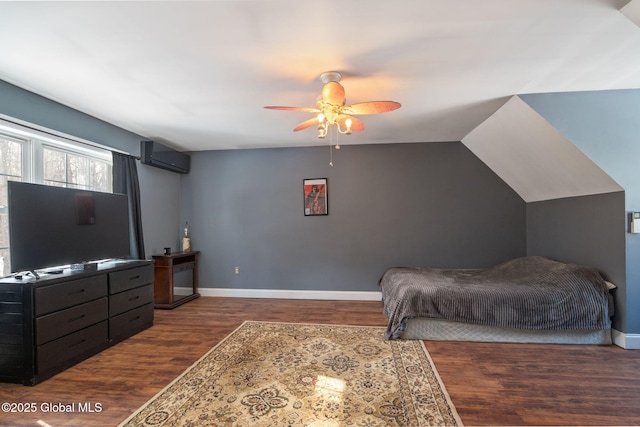 76 Barney Rd, Greenfield, NY 12850 - bedroom featuring wood finished floors, an AC wall unit, baseboards, and a ceiling fan