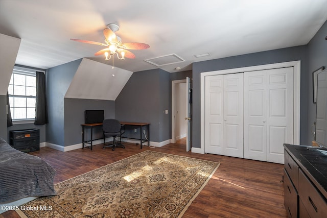 76 Barney Rd, Greenfield, NY 12850 - bedroom with wood finished floors, baseboards, vaulted ceiling, ceiling fan, and a closet
