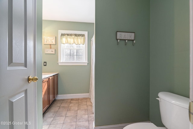 76 Barney Rd, Greenfield, NY 12850 - bathroom featuring toilet, vanity, tile patterned flooring, baseboards, and a shower with curtain