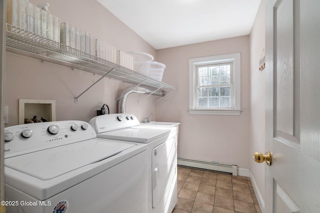 76 Barney Rd, Greenfield, NY 12850 - washroom with baseboard heating, washing machine and dryer, baseboards, and light tile patterned floors