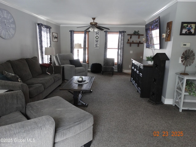 living area with ornamental molding, carpet, and baseboards