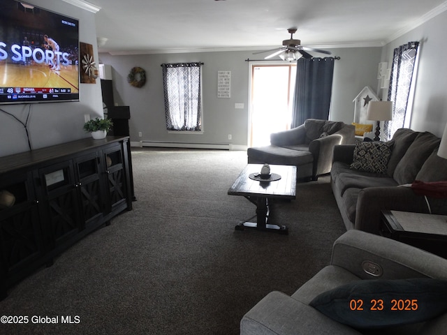 carpeted living room with a baseboard heating unit, crown molding, baseboards, and a ceiling fan