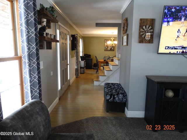 corridor featuring ornamental molding, wood finished floors, baseboards, and an inviting chandelier