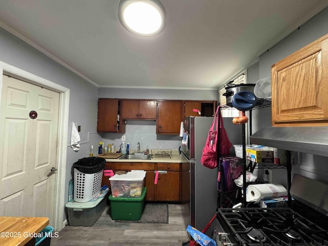 kitchen featuring dark wood-type flooring, a sink, light countertops, brown cabinetry, and crown molding