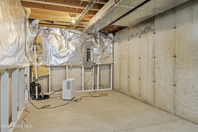 unfinished basement featuring electric panel